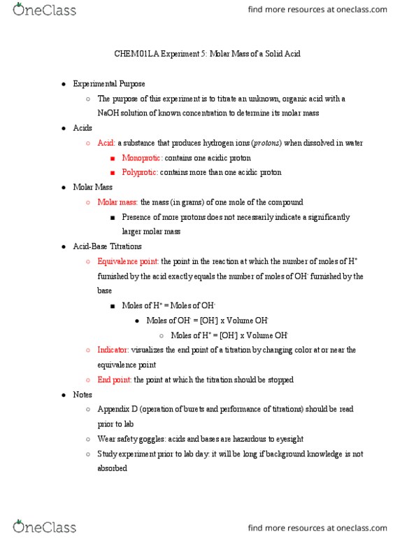 CHEM 01LA Lecture Notes - Lecture 5: Molar Mass, Equivalence Point, Titration thumbnail