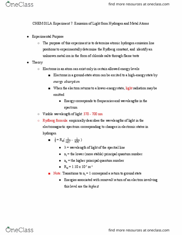 CHEM 01LA Lecture Notes - Lecture 7: Rydberg Formula, Rydberg Constant, Electromagnetic Spectrum thumbnail