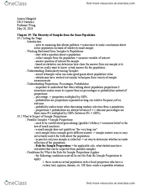 SOCECOL 13 Chapter Notes - Chapter 19: Frequentist Probability, Confidence Interval, Standard Deviation thumbnail