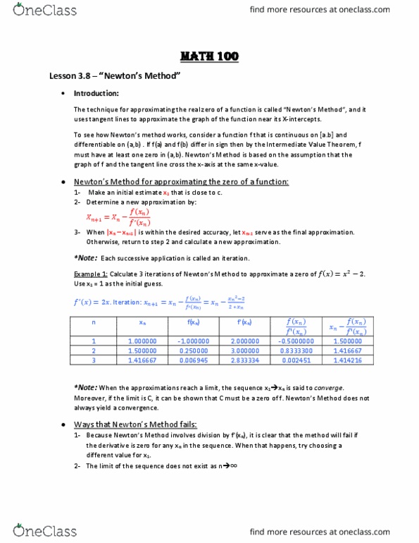 MATH 100 Lecture Notes - Lecture 6: Intermediate Value Theorem, The Technique thumbnail