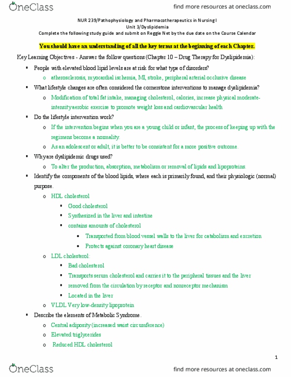 NUR 239 Lecture Notes - Lecture 19: High-Density Lipoprotein, Peripheral Artery Disease, Coronary Artery Disease thumbnail