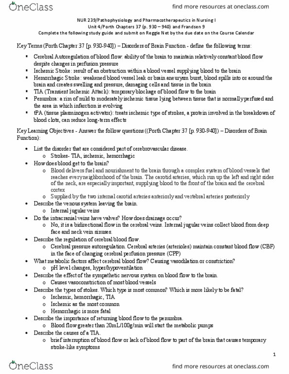 NUR 239 Lecture Notes - Lecture 22: Cerebral Perfusion Pressure, Transient Ischemic Attack, Internal Carotid Artery thumbnail