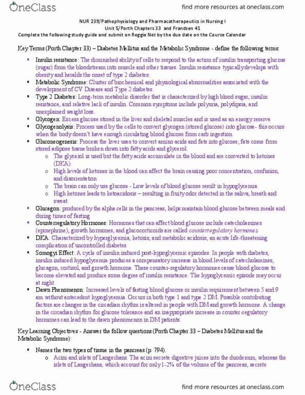 NUR 239 Lecture Notes - Lecture 23: Diabetes Mellitus Type 2, Circadian Rhythm, Insulin Resistance thumbnail