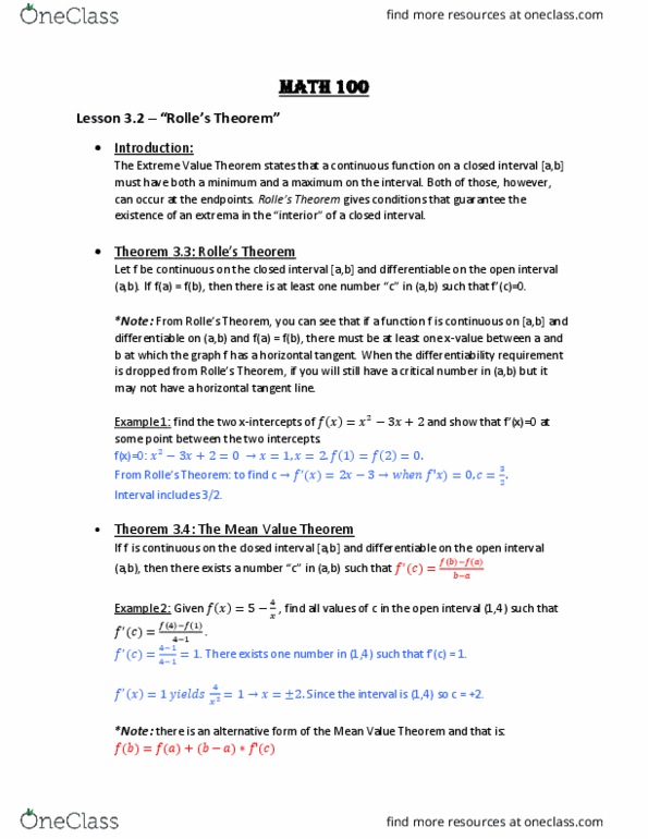 MATH 100 Lecture Notes - Lecture 4: Mean Value Theorem thumbnail