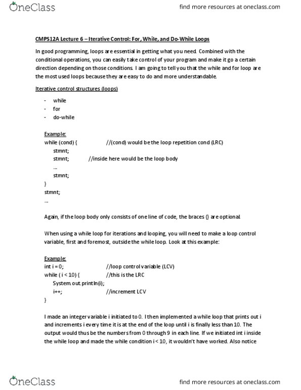 CSE 14 Lecture 6: CMPS 12A Lecture 6: Iterative Control: For, While, and Do-While Loops thumbnail