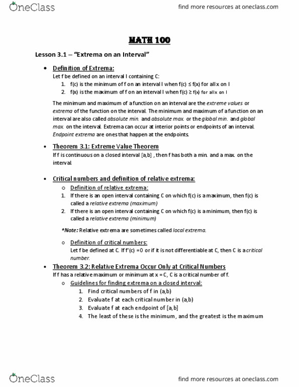 MATH 100 Lecture 3: Math 100 notes - Extrema on an Interval thumbnail