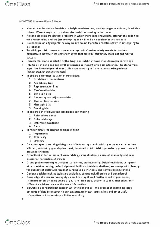 MGMT1001 Lecture Notes - Lecture 2: Hindsight Bias, Satisficing, Delphi Method thumbnail