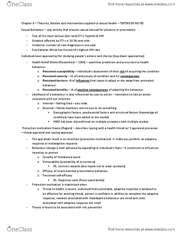 PS285 Chapter Notes - Chapter 6: Health Belief Model, Sub-Saharan Africa, Theory Of Reasoned Action thumbnail