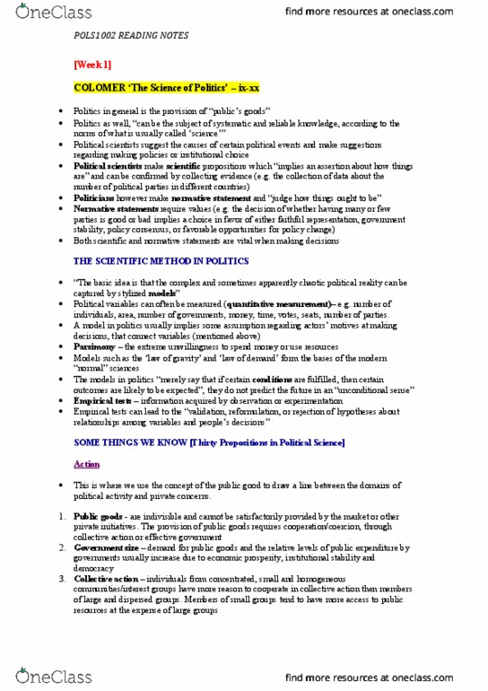 POLS1002 Chapter Notes - Chapter 1-16: Collective Action, Private Good, Good Governance thumbnail