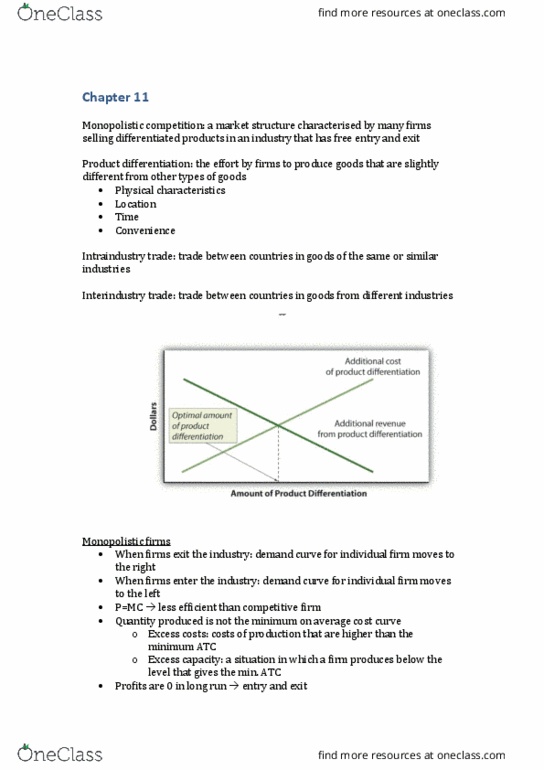 ECON1101 Chapter Notes - Chapter 11: Monopolistic Competition, Demand Curve, Product Differentiation thumbnail