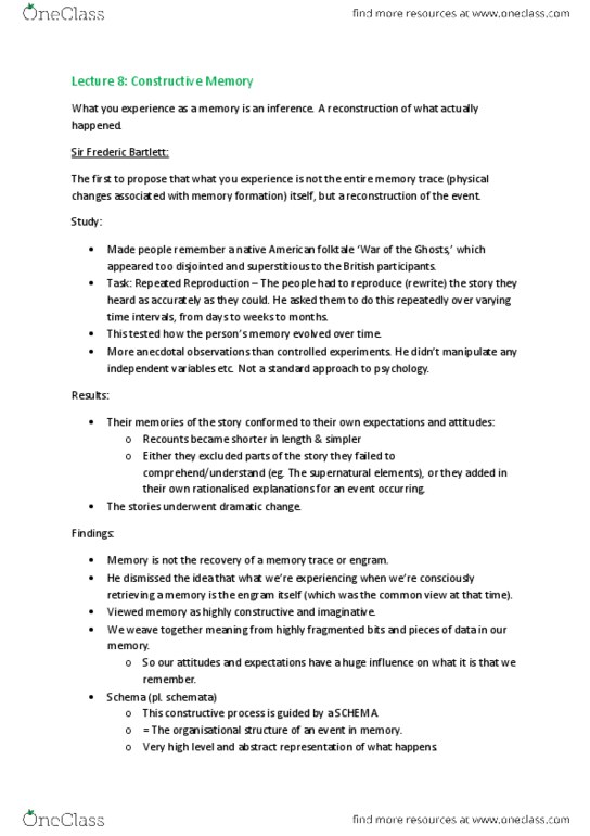 PSYC10003 Lecture Notes - Lecture 8: Frederic Bartlett, Hindsight Bias, Eyewitness Identification thumbnail