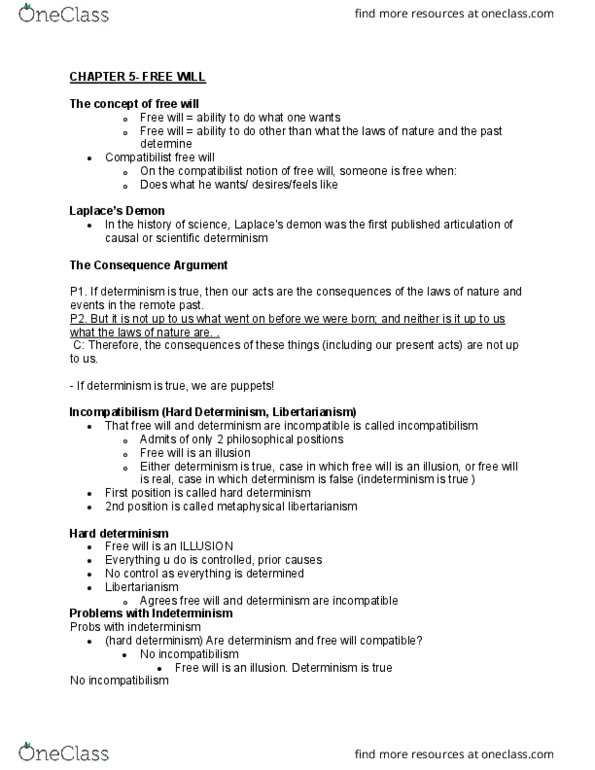 PHIL 1000 Lecture Notes - Lecture 7: Incompatibilism, Hard Determinism, Walter Terence Stace thumbnail