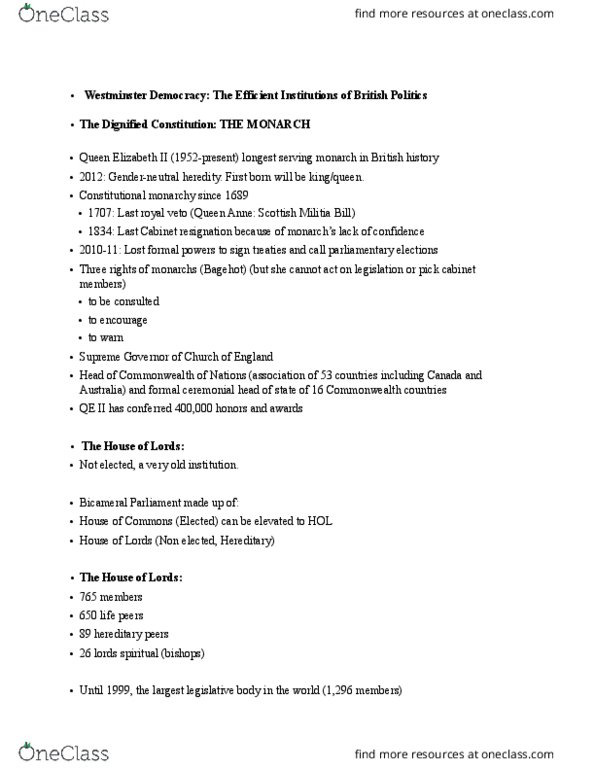 POLI 11 Lecture Notes - Lecture 7: Militia Ordinance, Westminster System, Supreme Governor Of The Church Of England thumbnail