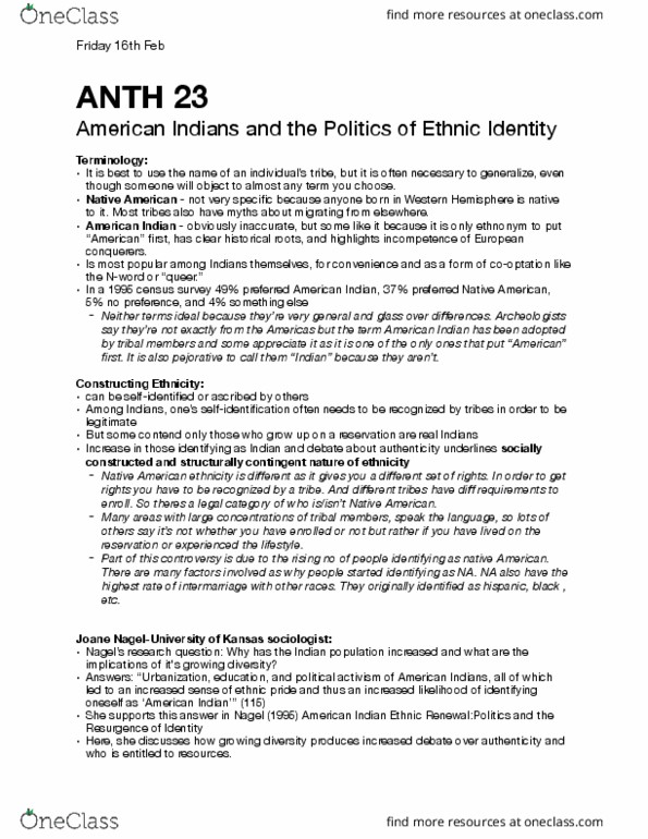 ANTH 23 Lecture Notes - Lecture 19: Ethnonym, Urban Indian, Race And Ethnicity In The United States thumbnail