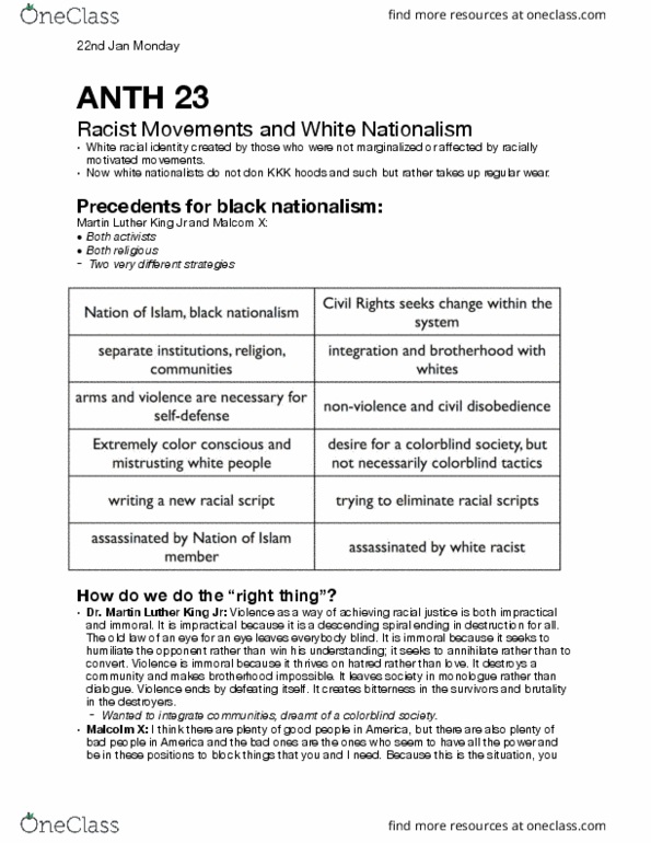 ANTH 23 Lecture Notes - Lecture 4: Black Nationalism, White Nationalism, Peace Movement thumbnail