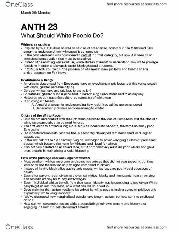 ANTH 23 Lecture Notes - Lecture 14: W. E. B. Du Bois, White Privilege, White Supremacy thumbnail