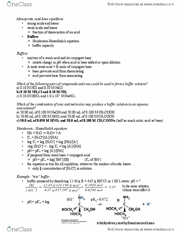 ENCH 213 Lecture Notes - Tris, Buffer Solution, Conjugate Acid thumbnail