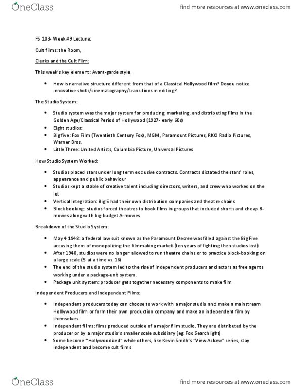 FS103 Lecture Notes - Rko Pictures, Major Film Studio, Block Booking thumbnail