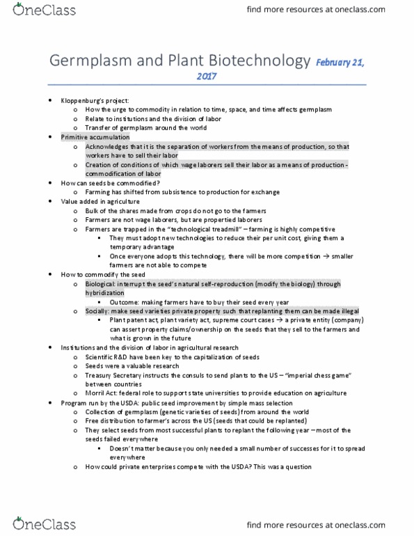 GEOG 130 Lecture Notes - Lecture 8: Germplasm, Primitive Accumulation Of Capital, Genetic Erosion thumbnail