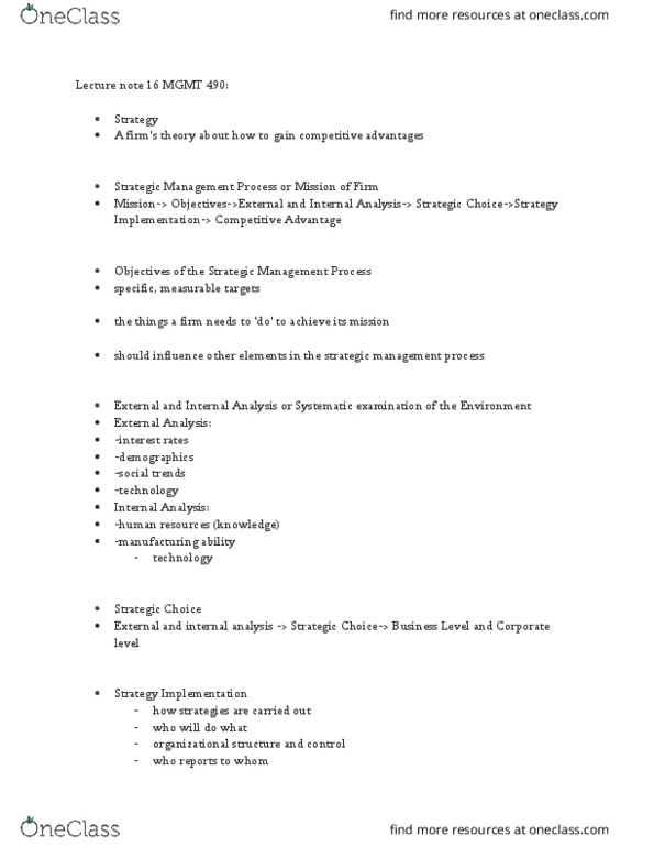 MGMT 490 Lecture Notes - Lecture 16: Strategic Choice, Strategic Management, Competitive Advantage thumbnail