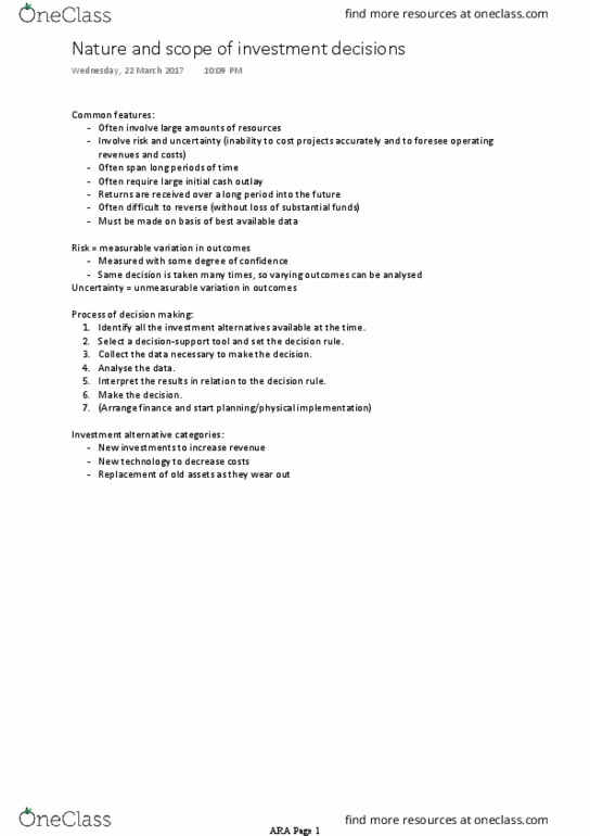 ACCT10001 Chapter Notes - Chapter 12: Decision Rule, Net Present Value, Opportunity Cost thumbnail