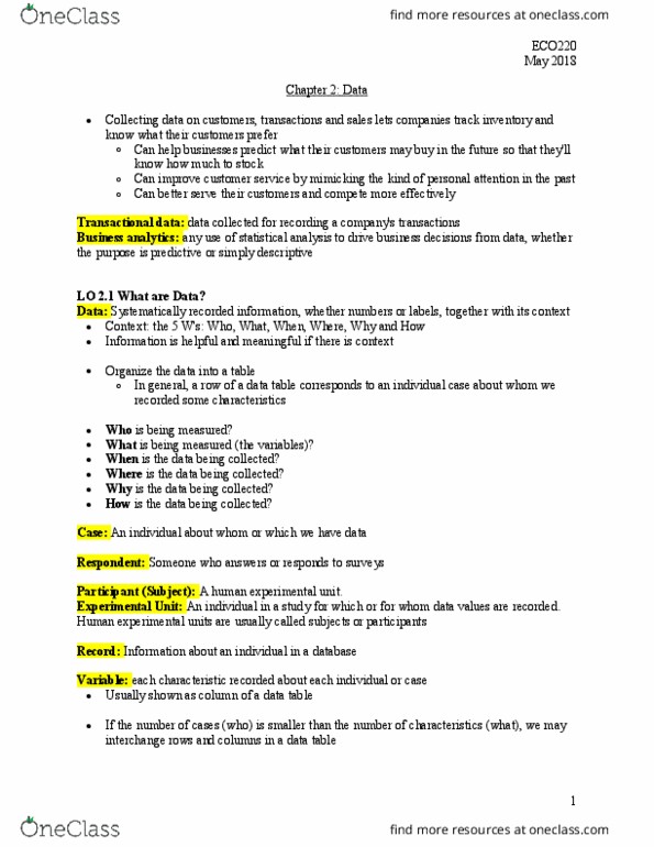 ECO220Y1 Chapter Notes - Chapter 2: Statistical Unit, Five Ws, Business Analytics thumbnail