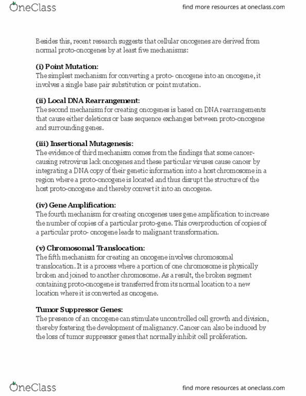BSC 422 Lecture Notes - Lecture 14: Tumor Suppressor Gene, Chromosomal Translocation, Oncogene thumbnail