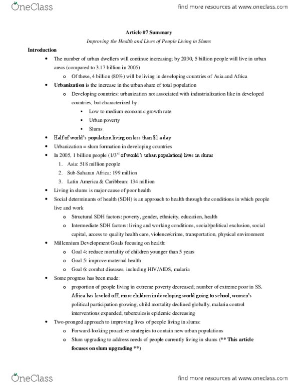 FRHD 3090 Chapter Notes -Slum Upgrading, Millennium Development Goals, Pit Latrine thumbnail