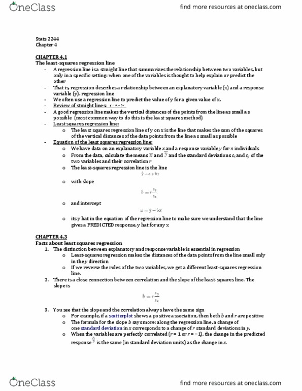 Statistical Sciences 2244A/B Chapter Notes - Chapter 4: Dependent And Independent Variables, Standard Deviation, Scatter Plot thumbnail