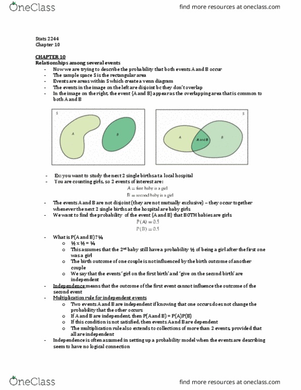 Statistical Sciences 2244A/B Chapter Notes - Chapter 10: Venn Diagram, Conditional Probability, Sample Space thumbnail