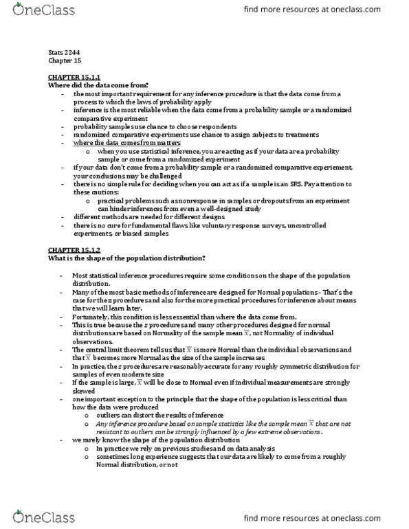 Statistical Sciences 2244A/B Chapter Notes - Chapter 15: Central Limit Theorem, Inference, Statistical Inference thumbnail