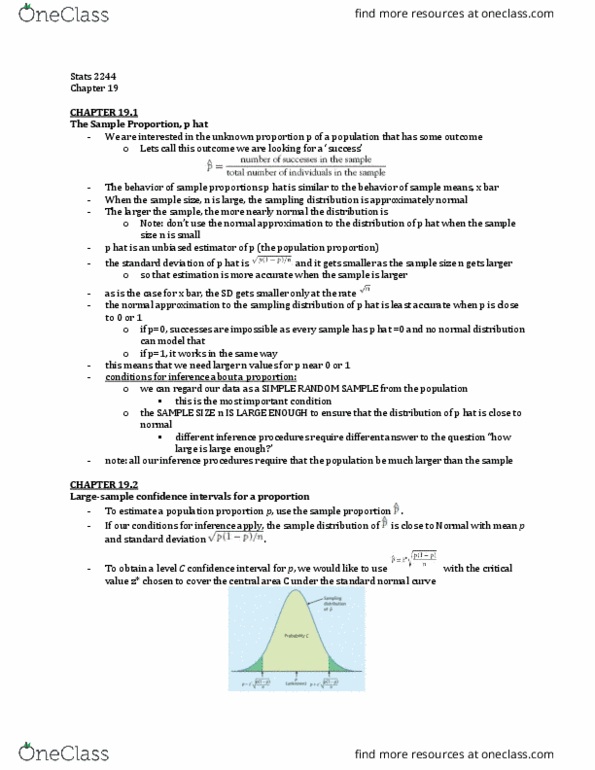 Statistical Sciences 2244A/B Chapter Notes - Chapter 19: Normal Distribution, Bias Of An Estimator, Confidence Interval thumbnail