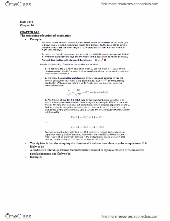 Statistical Sciences 2244A/B Chapter Notes - Chapter 14: Confidence Interval, Interval Estimation, Statistical Parameter thumbnail