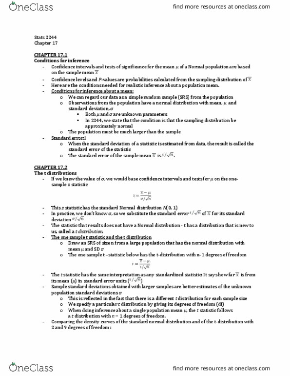 Statistical Sciences 2244A/B Chapter Notes - Chapter 17: Confidence Interval, Simple Random Sample, Interval Estimation thumbnail