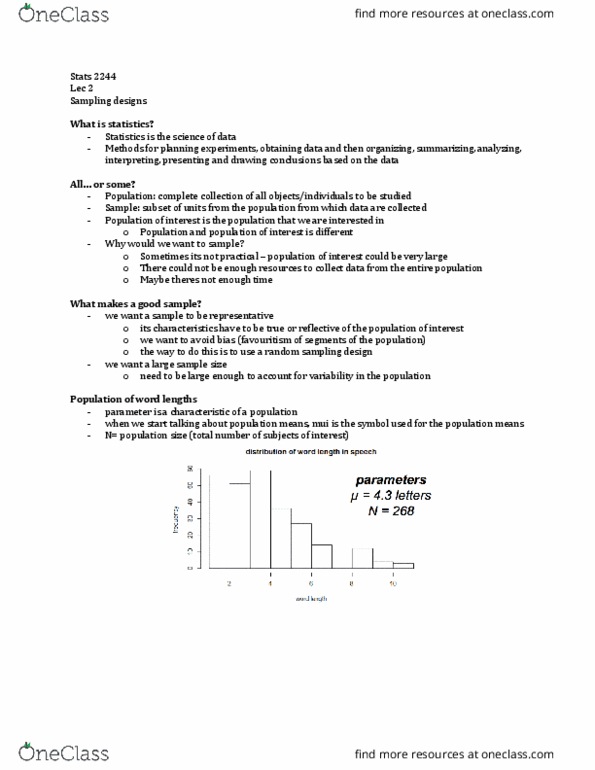 Statistical Sciences 2244A/B Lecture Notes - Lecture 1: Statistic, Statistical Parameter, Selection Bias thumbnail