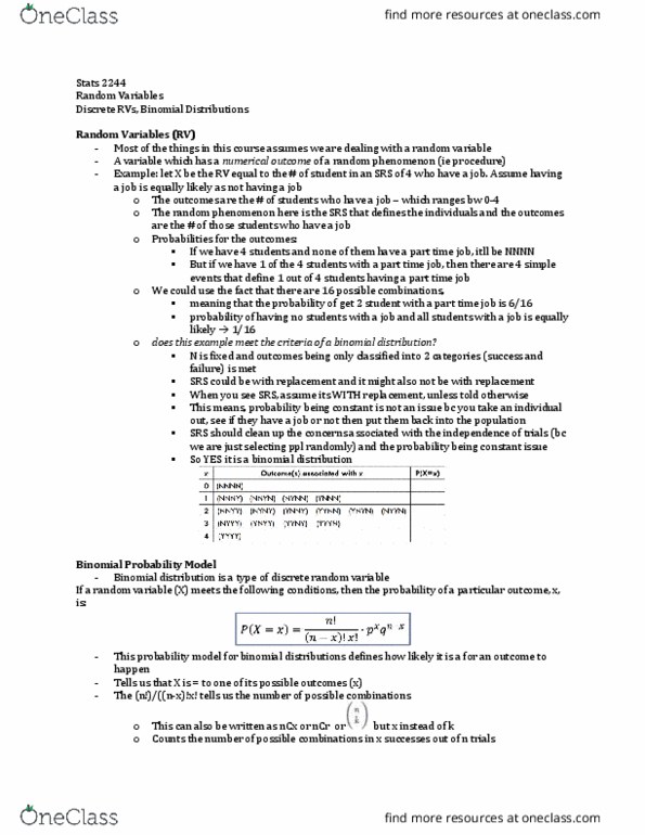 Statistical Sciences 2244A/B Lecture Notes - Lecture 5: Binomial Distribution, Random Variable, Simple Random Sample thumbnail