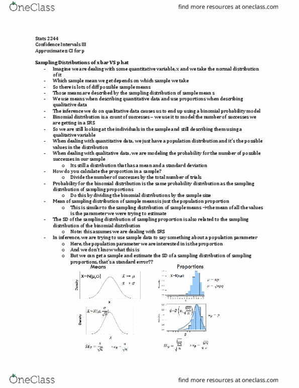 Statistical Sciences 2244A/B Lecture Notes - Lecture 10: Confidence Interval, Binomial Distribution, Sampling Distribution thumbnail