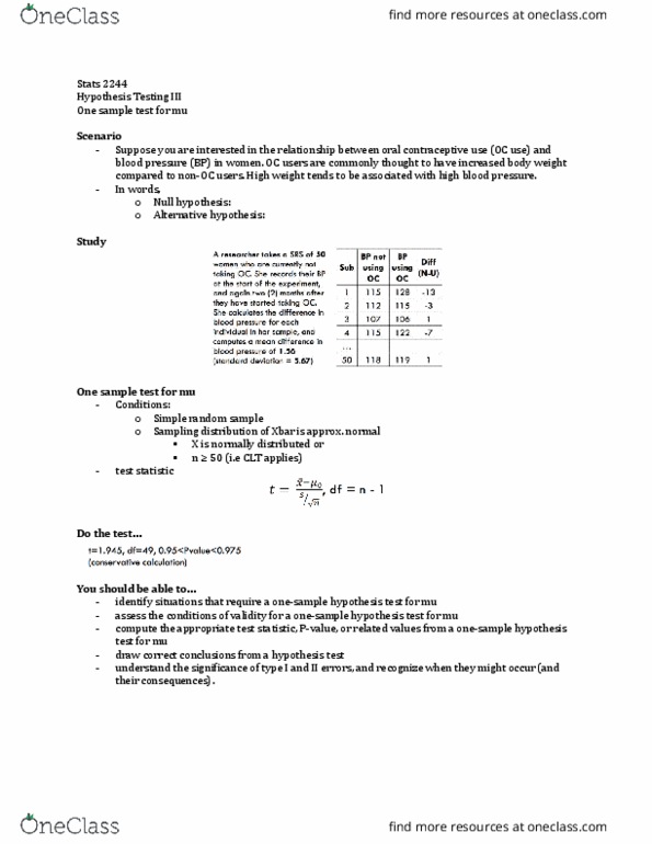 Statistical Sciences 2244A/B Lecture Notes - Lecture 13: Simple Random Sample, Null Hypothesis, Combined Oral Contraceptive Pill thumbnail