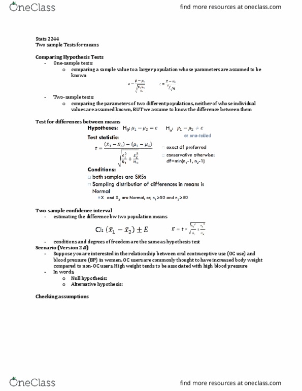 Statistical Sciences 2244A/B Lecture Notes - Lecture 14: Statistic, Combined Oral Contraceptive Pill, Null Hypothesis thumbnail