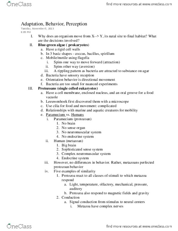 11:216:115 Lecture Notes - Lecture 7: Adaptive Behavior, Animal, Paramecium thumbnail