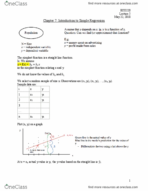 ECO220Y1 Lecture Notes - Lecture 5: Ordinary Least Squares, Analysis Of Variance, Scatter Plot thumbnail