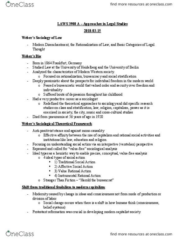 LAWS 3908 Lecture Notes - Lecture 9: Social Stratification, Protestant Reformation, Verstehen thumbnail