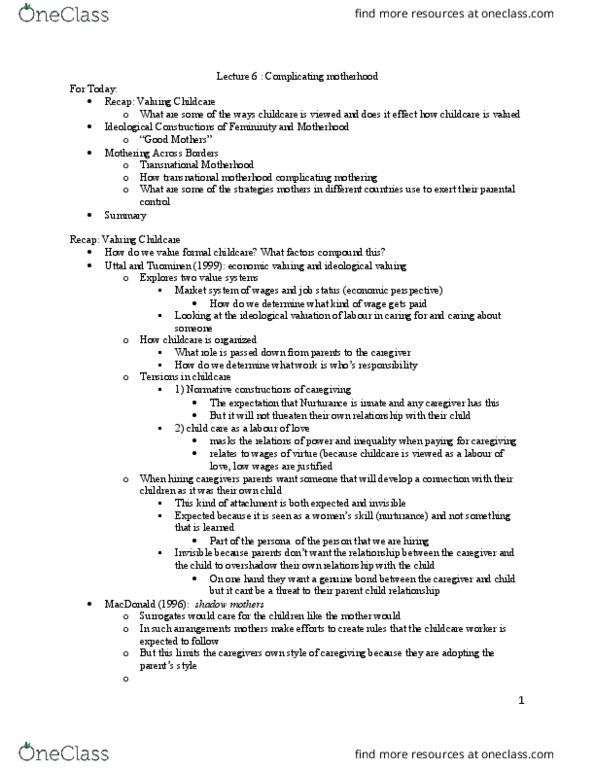 SOC352H5 Lecture Notes - Lecture 6: Social Reproduction, Transnationalism, Invisibility thumbnail