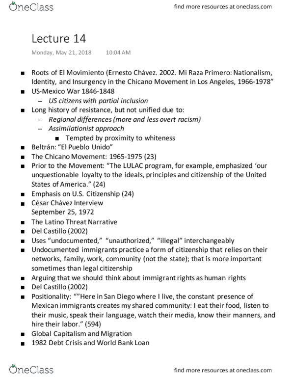 CHICANO 101 Lecture Notes - Lecture 14: Dominican Republic–Central America Free Trade Agreement, North American Free Trade Agreement, Chicano Movement thumbnail