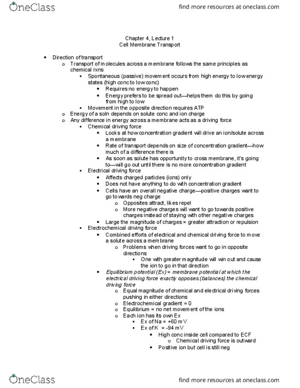 APK 2105C Lecture Notes - Lecture 15: Electrochemical Gradient, Passive Transport, Membrane Potential thumbnail