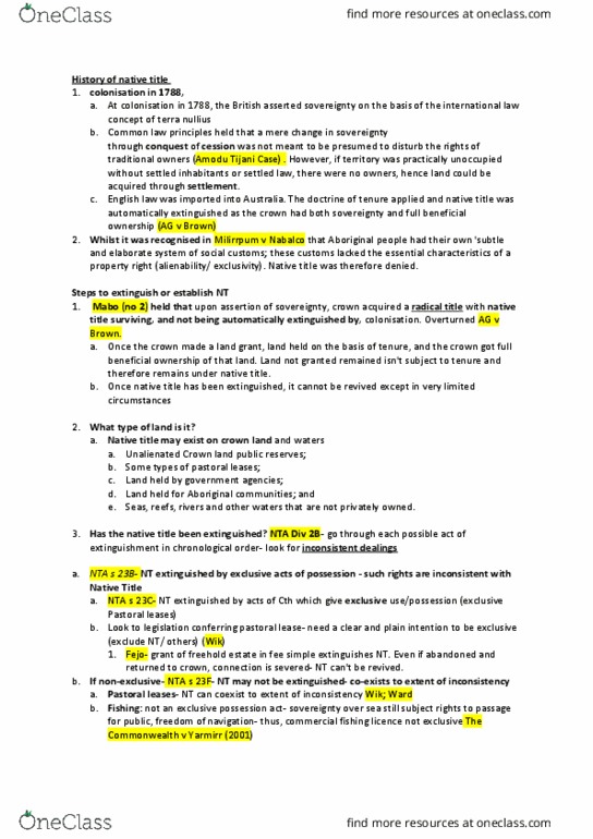 LAW 1506 Lecture Notes - Lecture 4: Pastoral Lease, Terra Nullius, Beneficial Ownership thumbnail