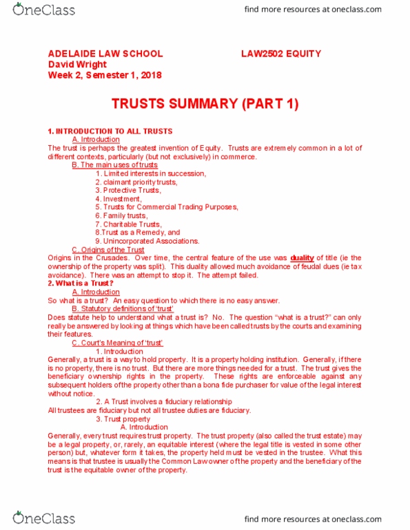 LAW 2502 Lecture Notes - Lecture 2: Fiduciary, Fide, Rule Against Perpetuities thumbnail