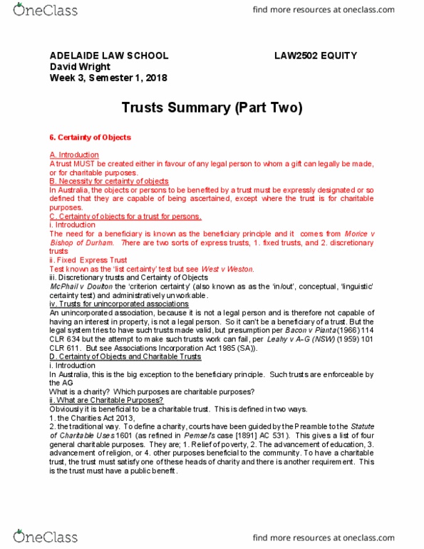 LAW 2502 Lecture Notes - Lecture 2: Beneficiary Principle, Legal Personality, Christopher Slade thumbnail