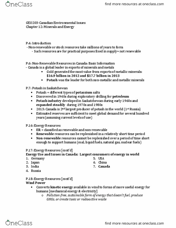 GEOG 203 Lecture Notes - Lecture 12: Potash, Renewable Energy, Fish Stock thumbnail