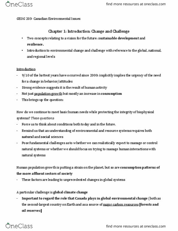 GEOG 203 Lecture Notes - Lecture 1: Resource Consumption, Sustainable Development, Fundamental Interaction thumbnail